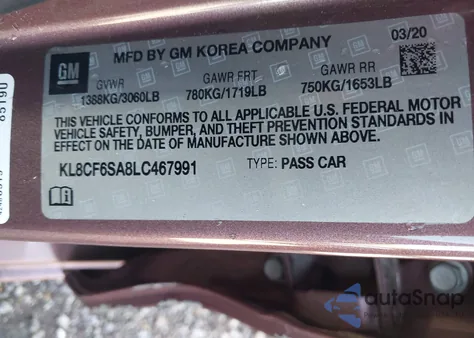 2020 Chevrolet Spark Fwd 2Lt Automatic from USA, damaged, VIN KL8CF6SA8LC467991